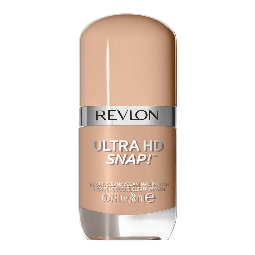 Flacone di smalto beige. Marchio Revlon, Ultra HD Snap!. Testo: 0.27 fl.oz./8 ml. Vegano.