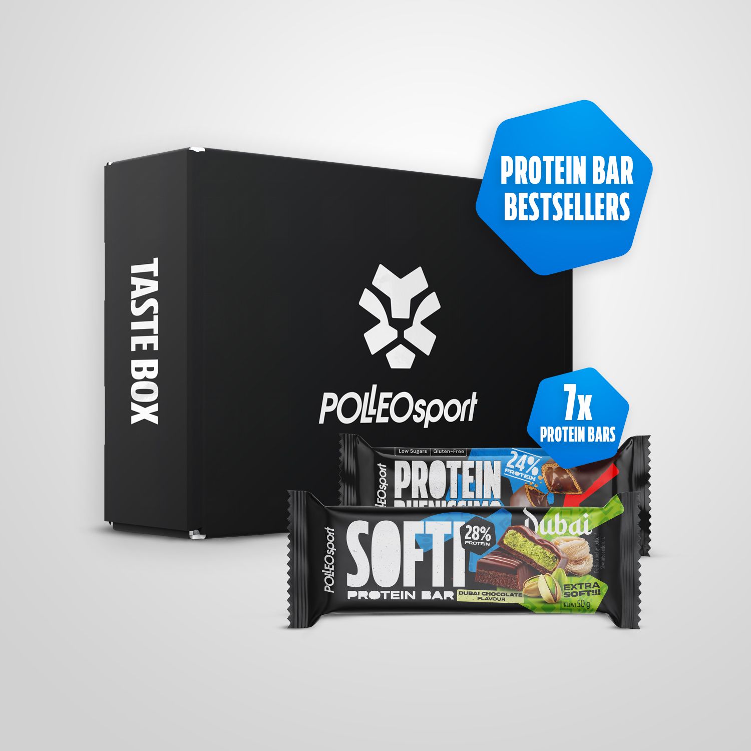 Scatola nera con logo PolleoSport e scritta Taste Box. Due barrette proteiche e un adesivo con testo: 7x Protein Bars.