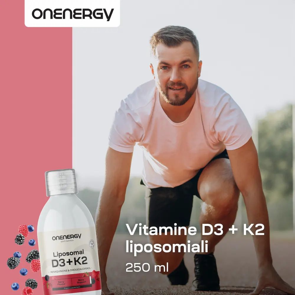 OnEnergy D3+K2 liposomiale, 250 ml. Uomo in posizione di partenza. Nutrizione sportiva. Frutti.