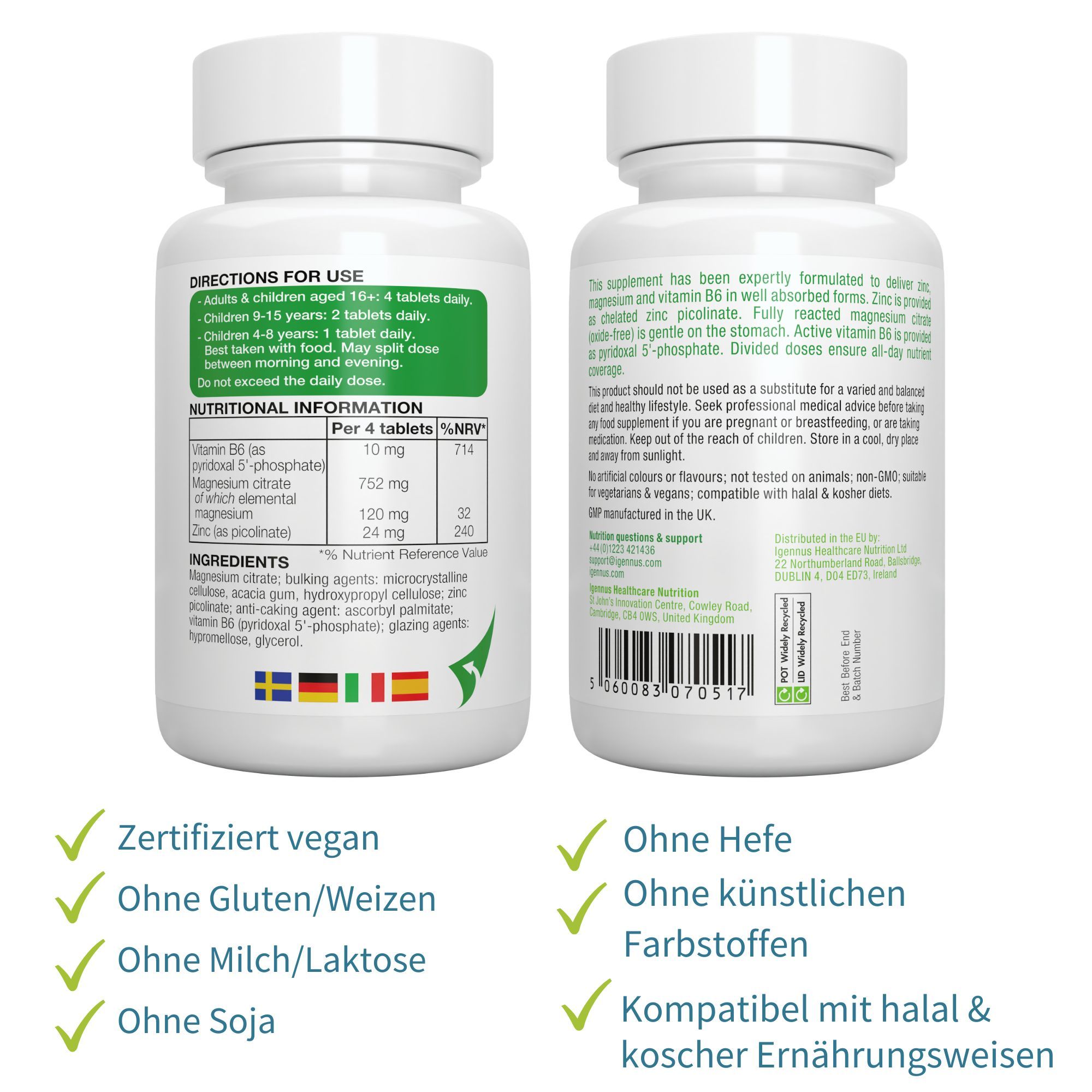 Due flaconi di compresse. Testo: Certificato vegano. Senza glutine/grano. Senza latte/lattosio. Senza soia. Senza lievito. Senza coloranti artificiali.