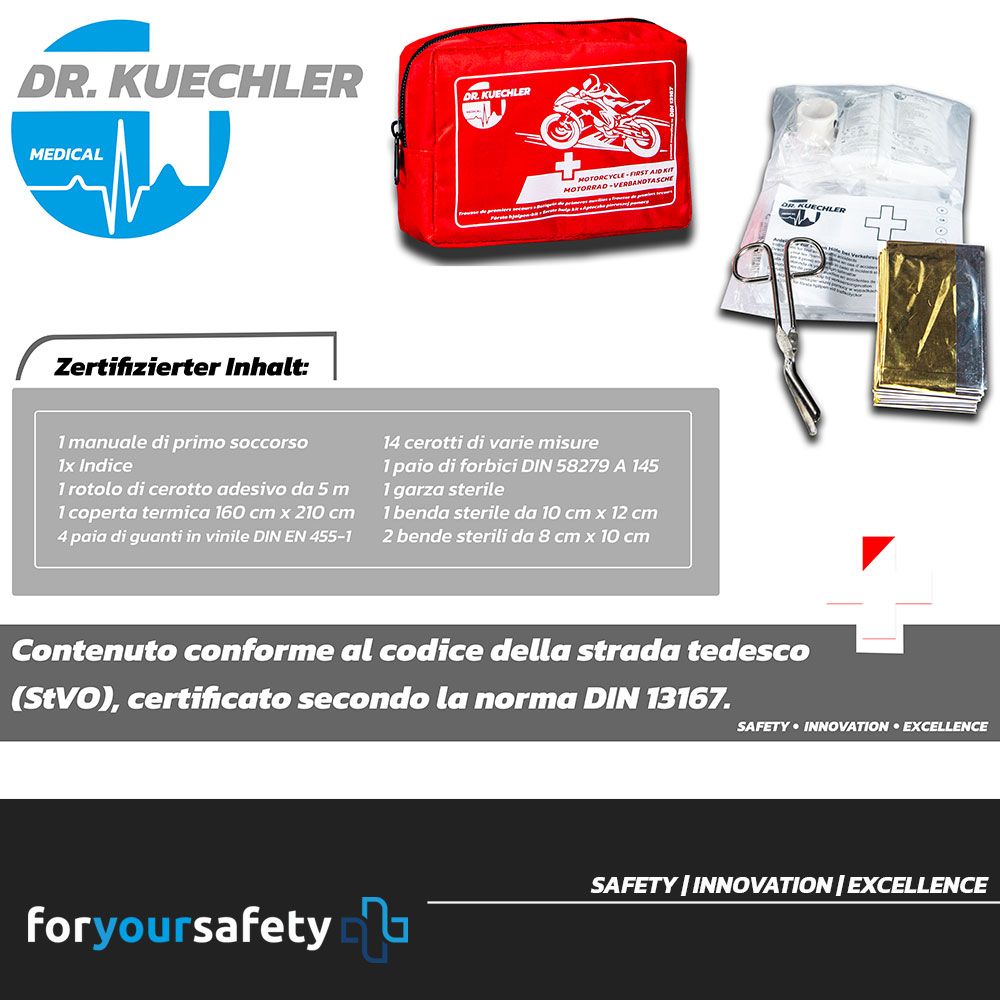 Borsa di pronto soccorso rossa per moto con contenuto. Contenuto certificato. DIN 13167.