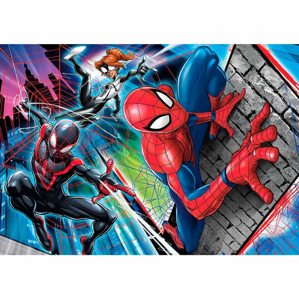 Puzzle Spiderman 24 pezzi. Illustrazione di Spiderman e altri personaggi. Logo Clementoni.