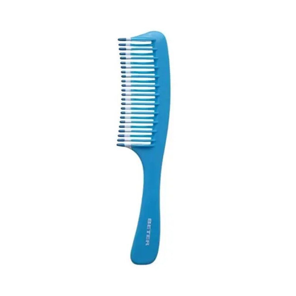 Pettine blu a denti larghi bianchi. Manico con marchio BETER. Pettine dritto.