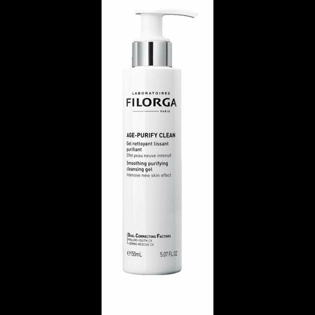 Flacone bianco con dosatore. Scritta: FILORGA PARIS, AGE-PURIFY CLEAN, Gel nettoyant lissant purifiant. 150ml.