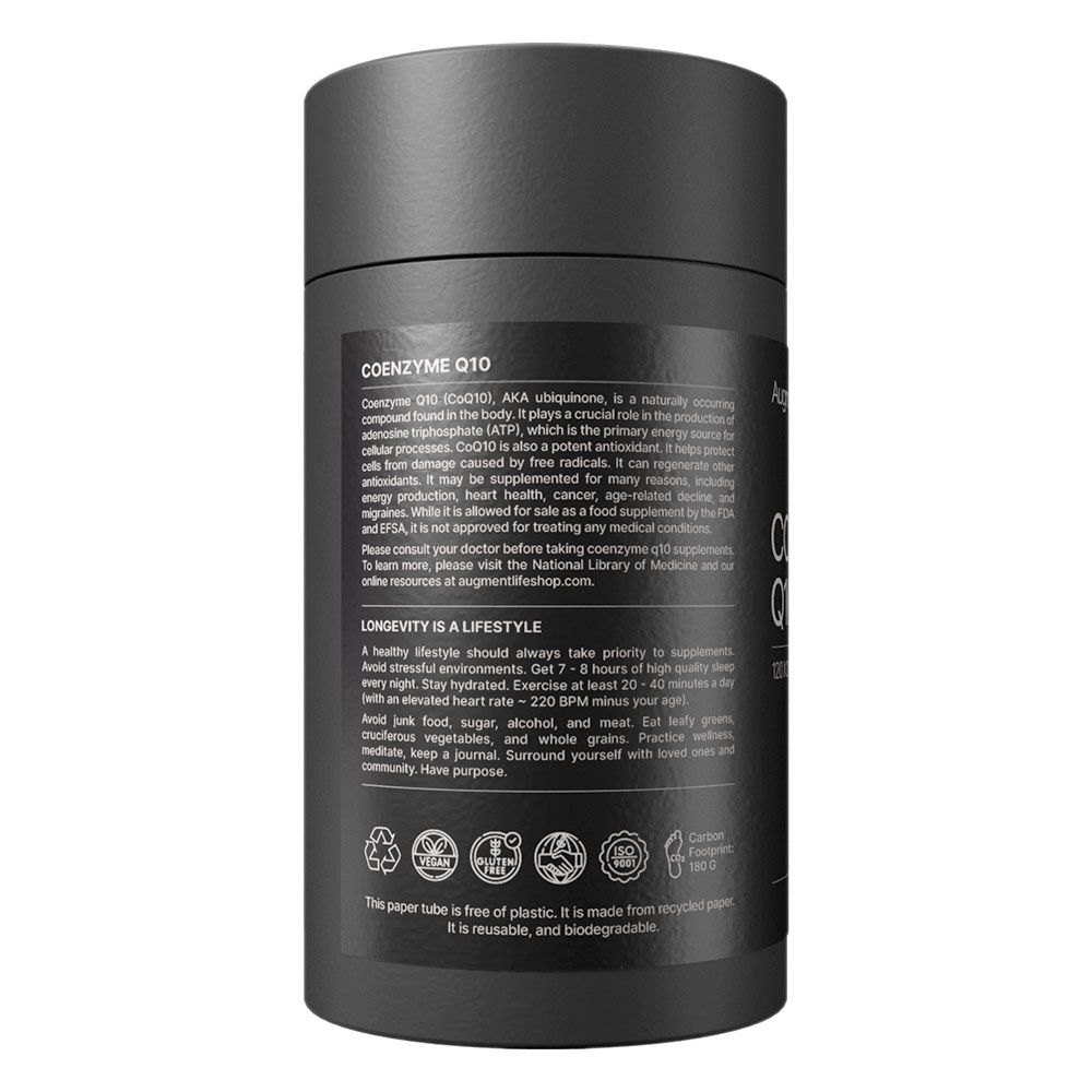 Contenitore cilindrico nero per integratore di Coenzima Q10 con etichetta.