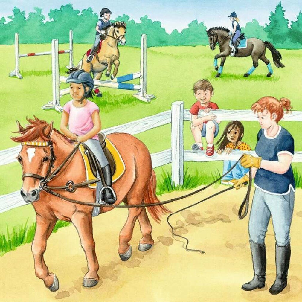 Illustrazione: bambini a cavallo, salto, recinzione, donna con cavallo. Scene al maneggio. Colori: verde, marrone, blu.
