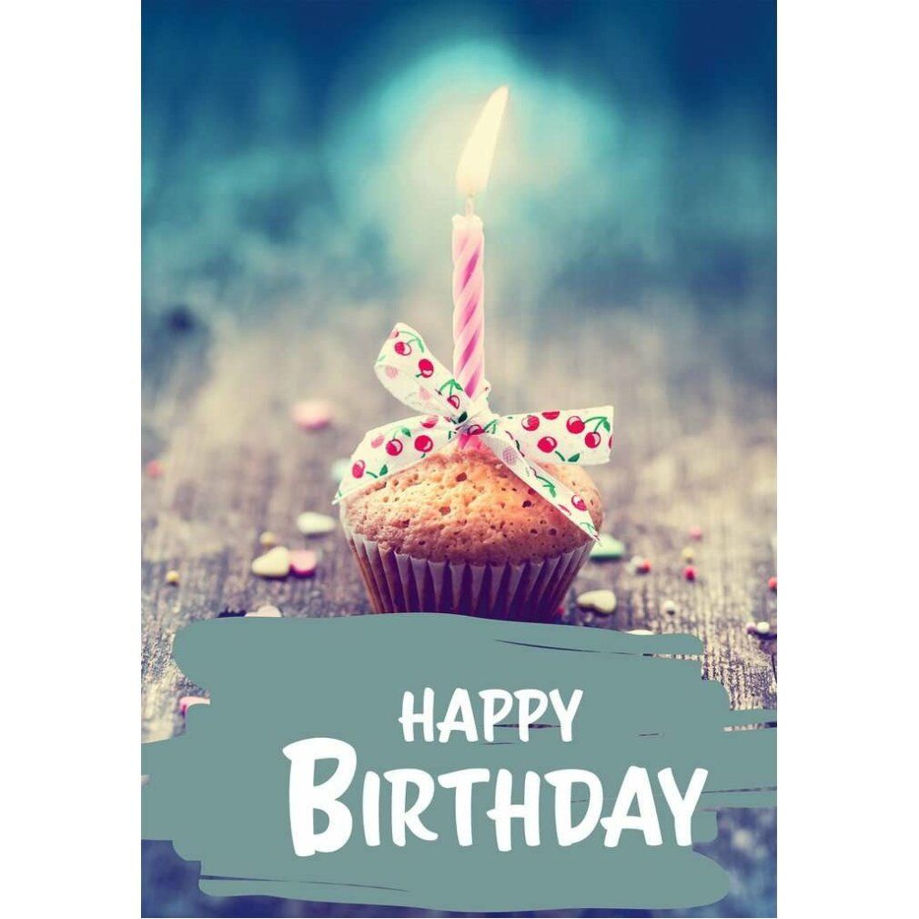 Immagine puzzle: torta di compleanno con candela. Testo: Happy Birthday. Sfondo: legno. Colori: blu, verde, rosa.