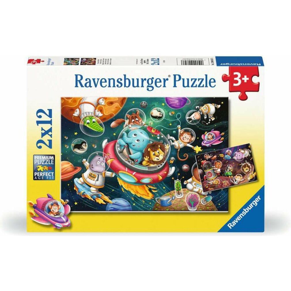 Scatola puzzle con motivo spaziale. Stampa: Animali nello spazio, 2x12 pezzi. Marca: Ravensburger. Età: 3+.