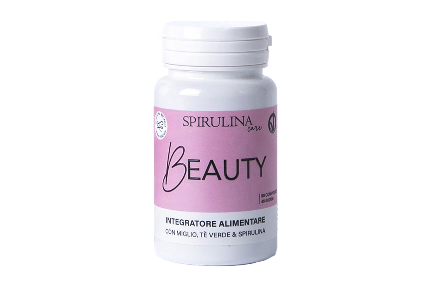 Flacone bianco con etichetta rosa. Scritta "Spirulina Care Beauty". Testo: "Integratore alimentare".