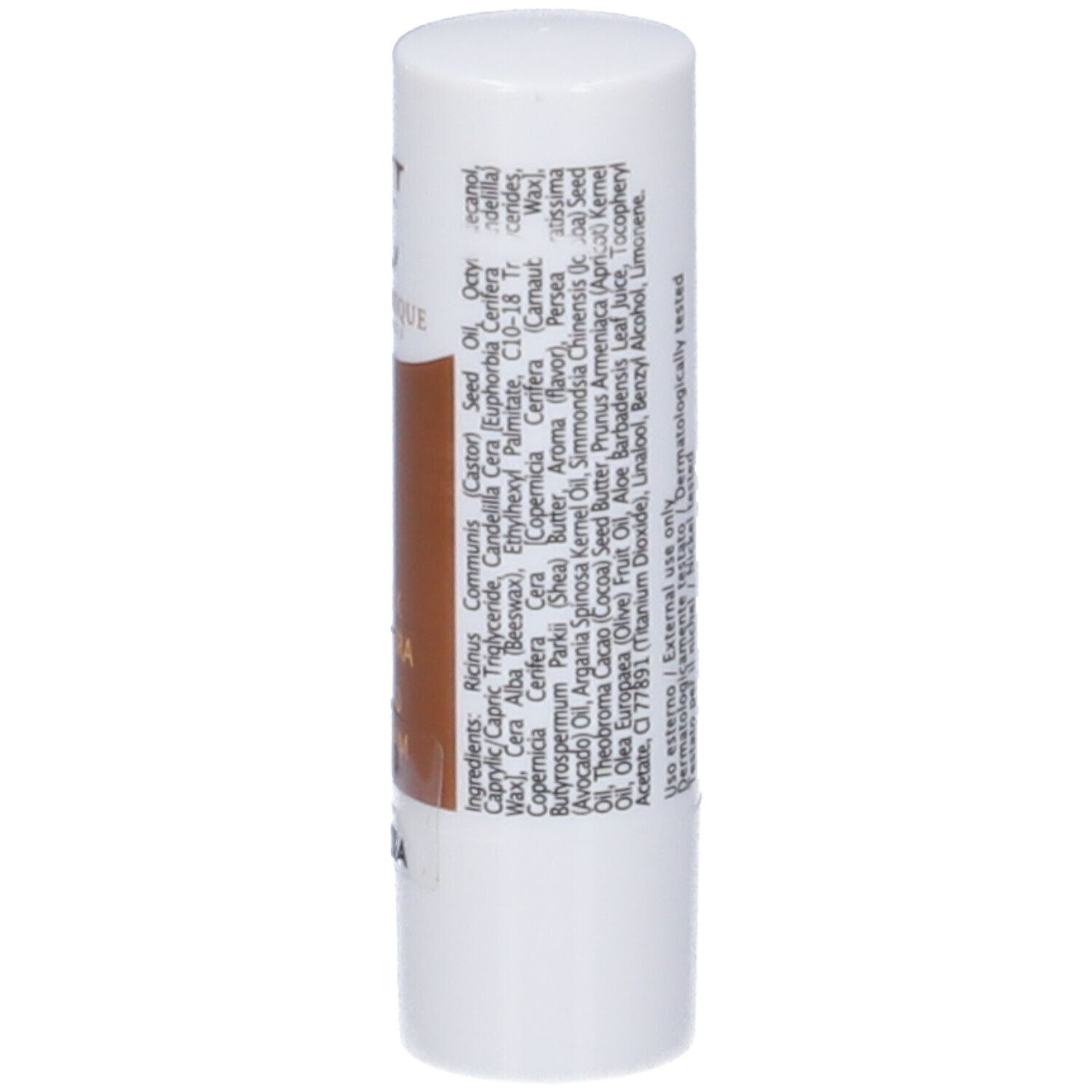 Stick labbra bianco con parte centrale marrone. Scritta: Natur Unique. Ingredienti e testo sullo stick.