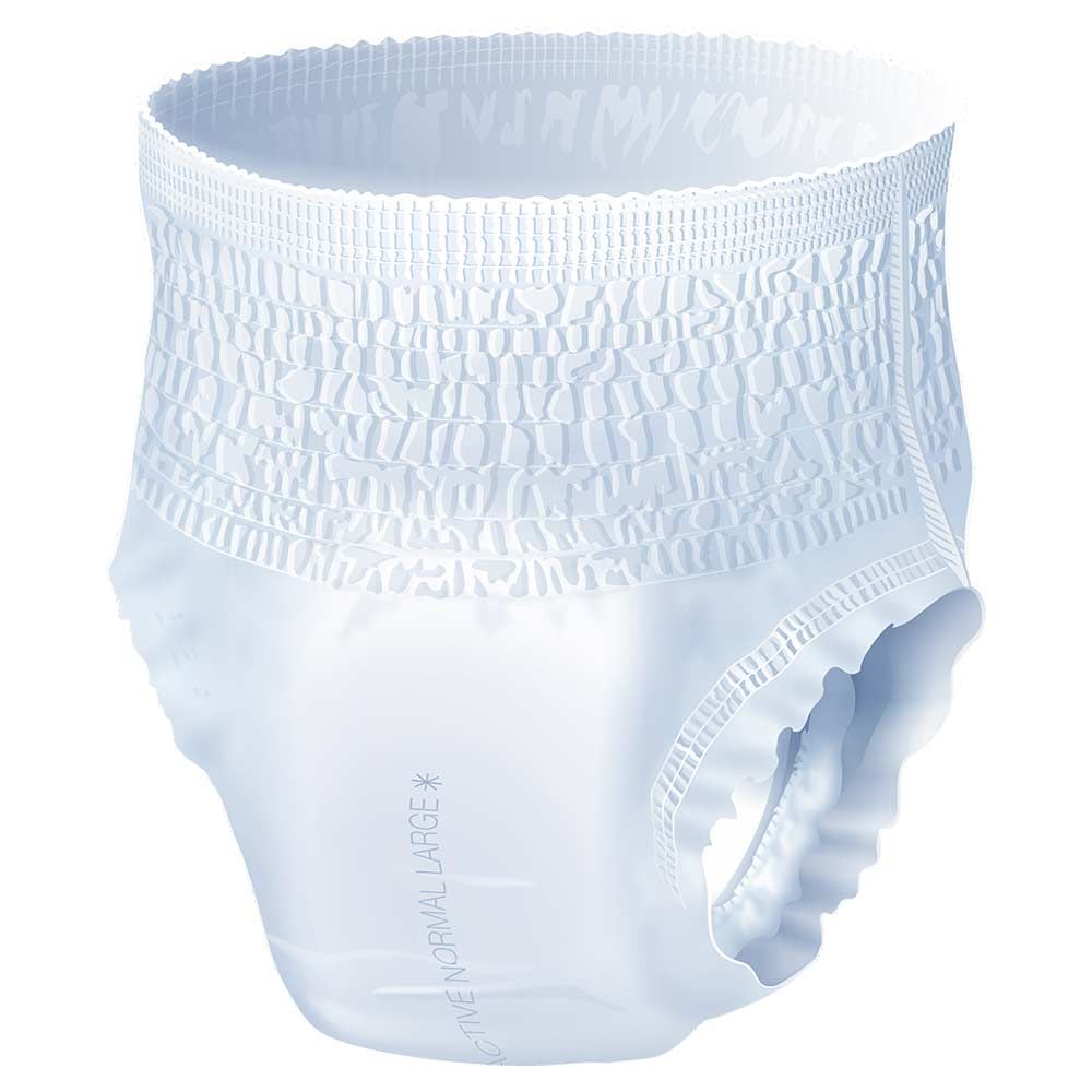 Pantaloni per incontinenza bianchi con elastico in vita e alle gambe. Il prodotto è realizzato in materiale morbido.