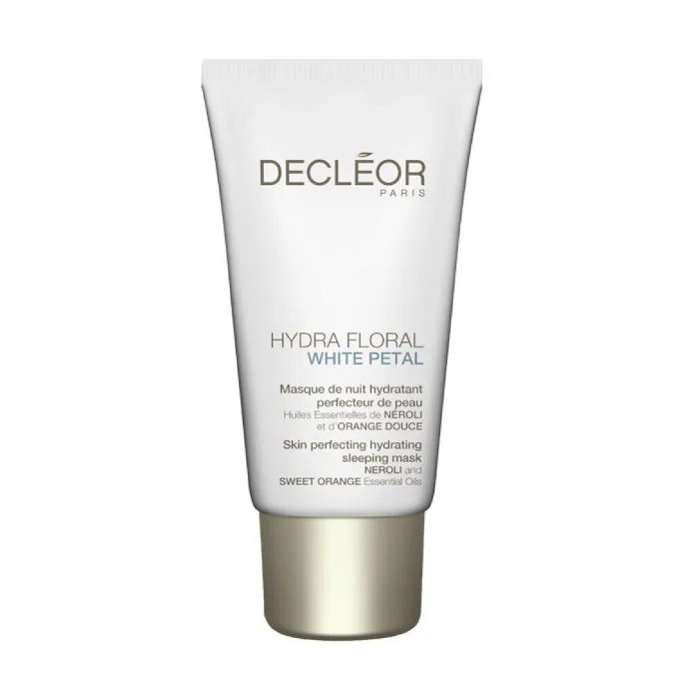 Tubo bianco con tappo dorato. Scritte: Decleor, Hydra Floral White Petal, Masque de nuit hydratant, Neroli, Orange Douce.