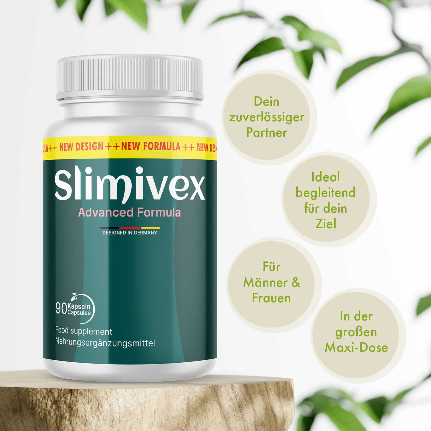 Flacone bianco con etichetta verde. Slimivex, 90 capsule. Testo: "Il tuo partner affidabile", "Ideale per il tuo obiettivo".