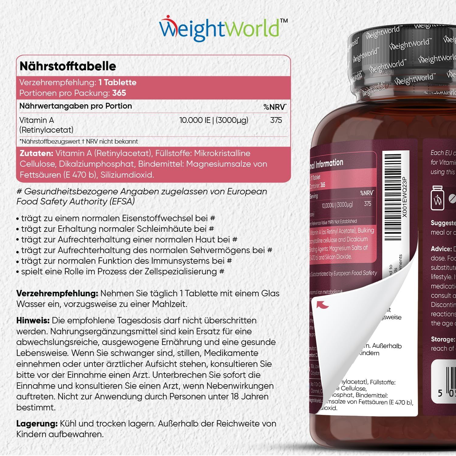 Tabella nutrizionale e informazioni sulle compresse di vitamina A. Testo: 1 compressa, 10.000 UI, ingredienti, dosaggio, conservazione.