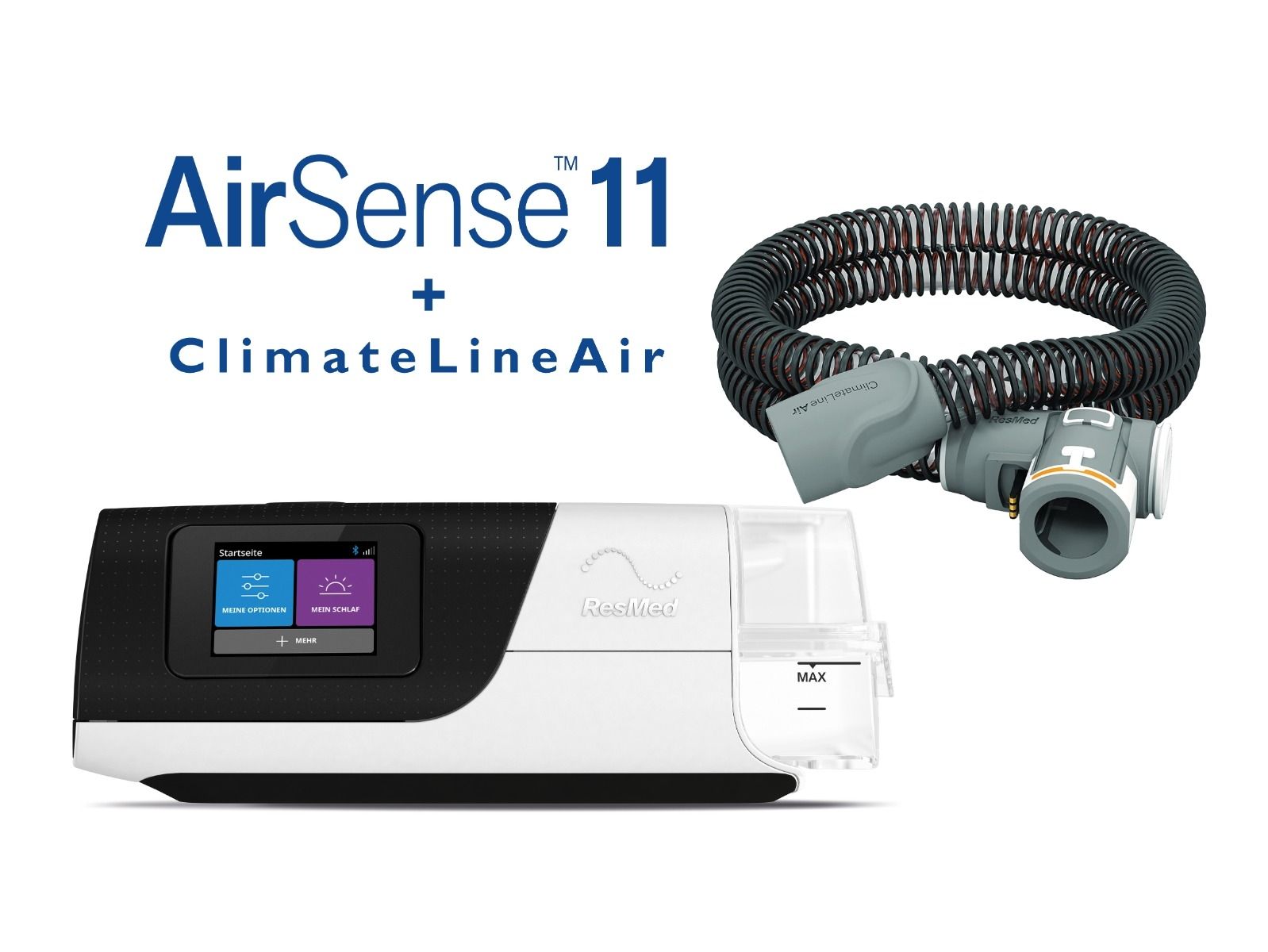 ResMed AirSense 11 con tubo ClimateLineAir e umidificatore.