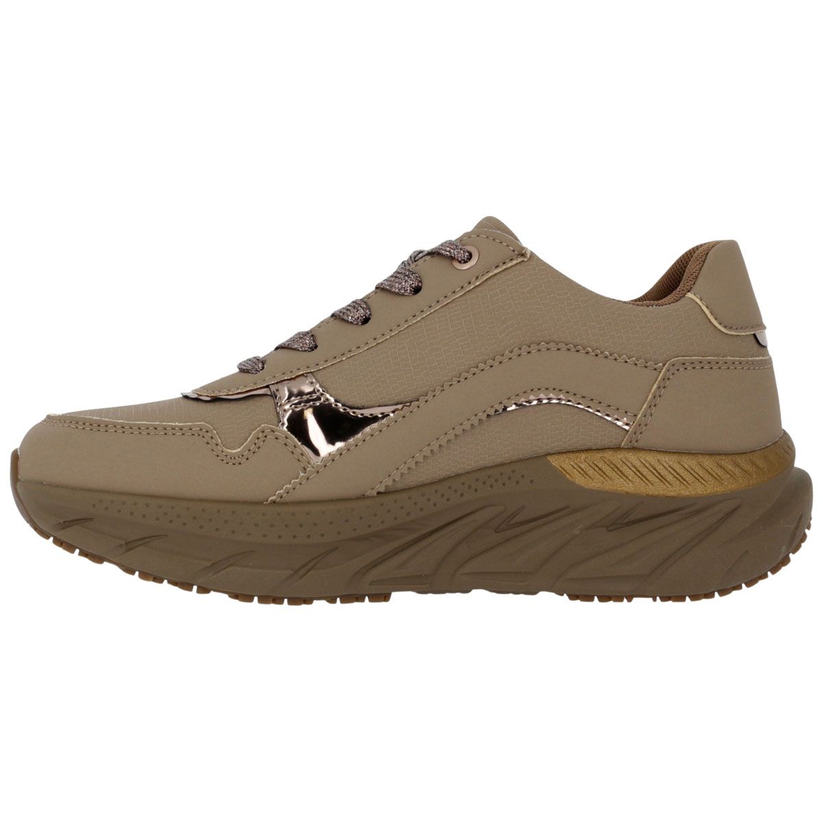 Sneaker beige con lacci. Vista laterale. Accenti dorati.