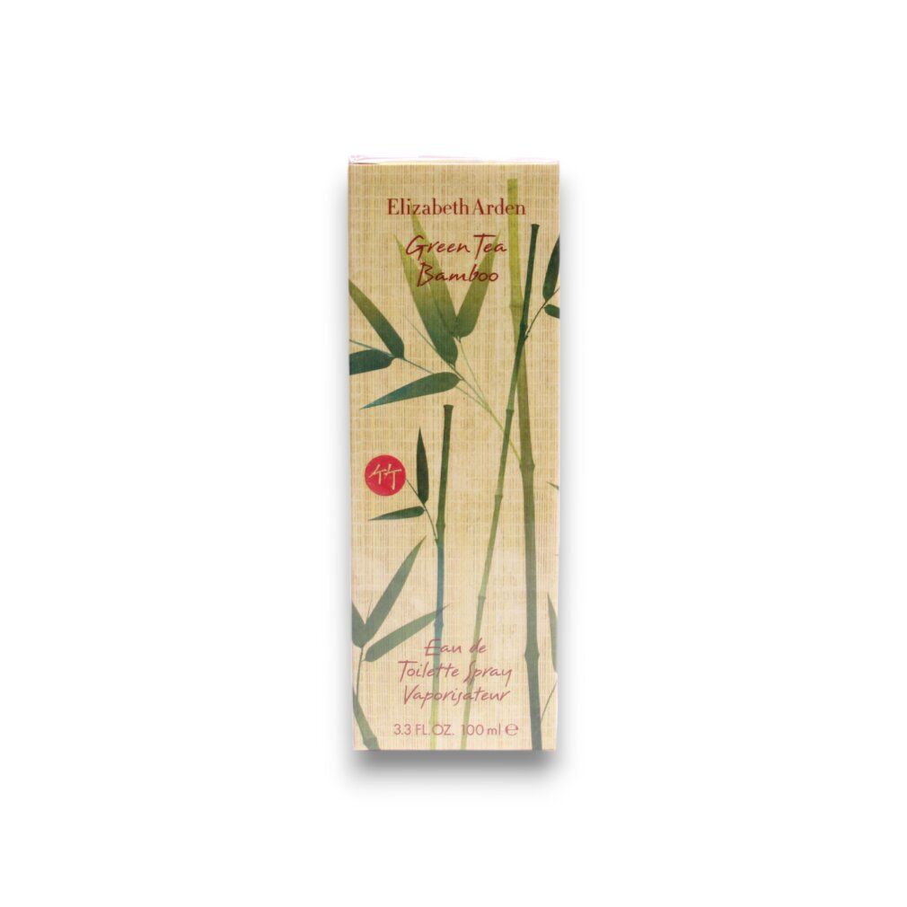 Confezione beige con motivo bambù. Testo: Elizabeth Arden Green Tea Bamboo. Eau de Toilette Spray. 3.3 FL.OZ. 100ml.