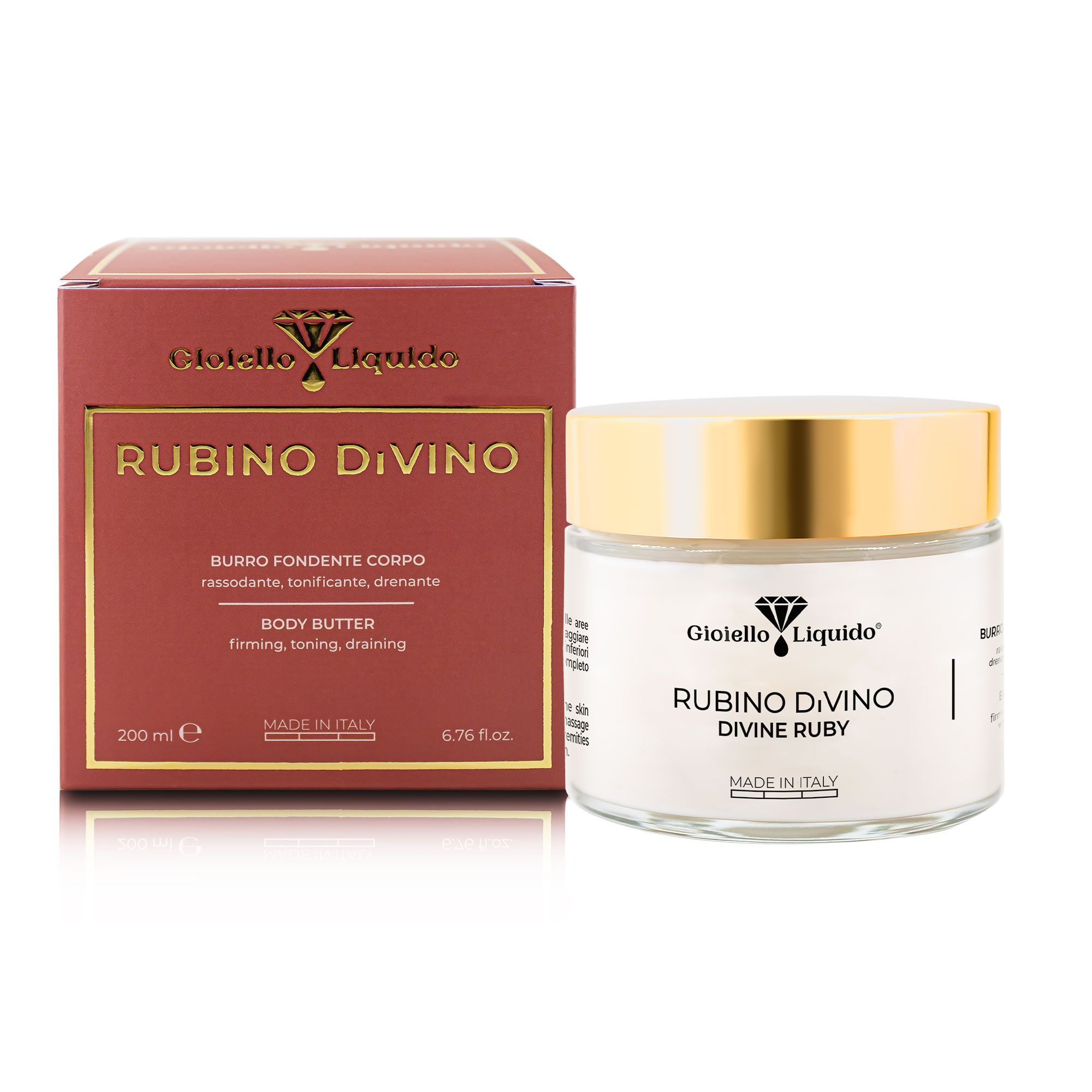 Confezione e vasetto. Scritta: Gioiello Liquido, Rubino Divino. Body Butter. Made in Italy. 200 ml, 6.76 fl.oz.