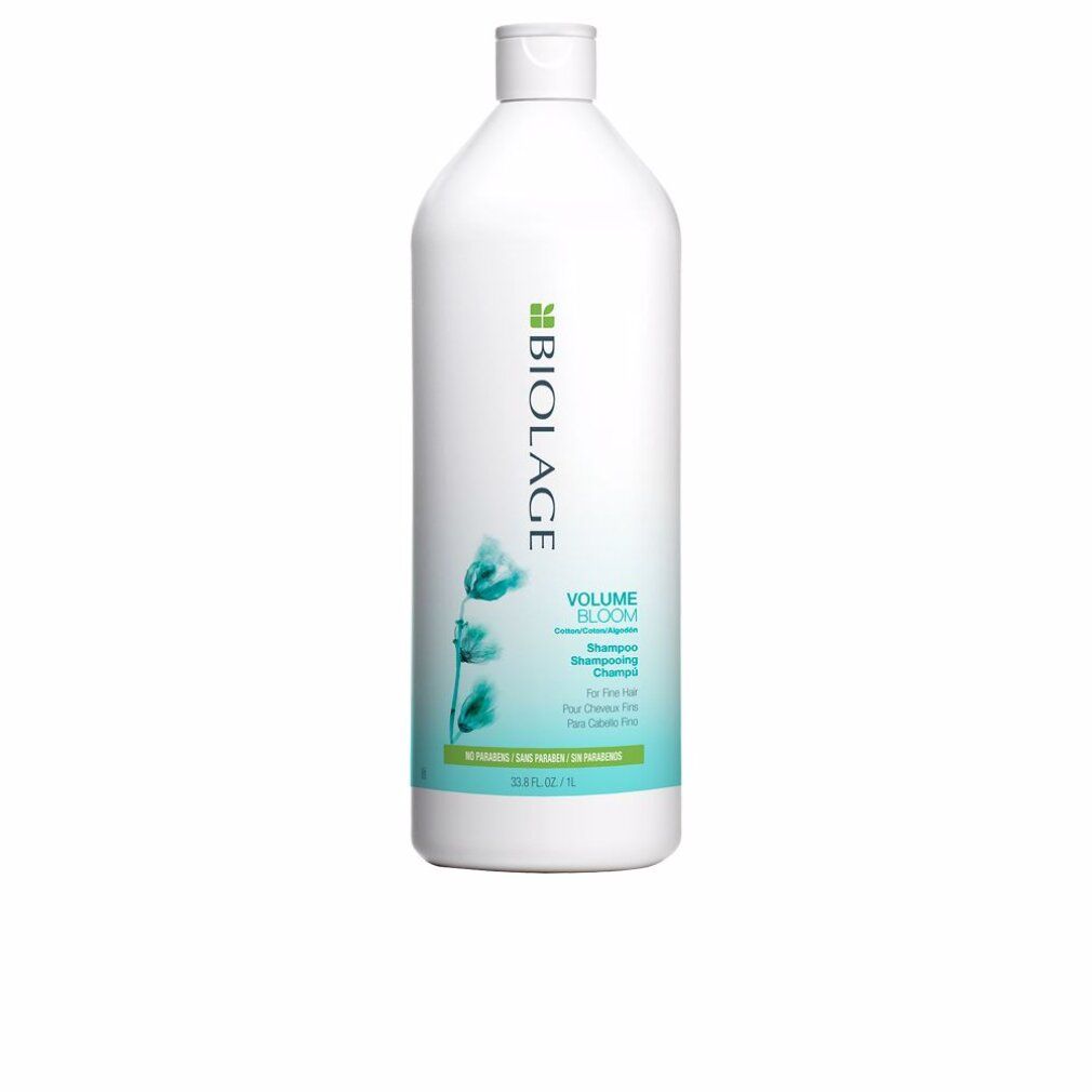 Flacone di shampoo bianco con etichetta verde. Scritta: Matrix Biolage VolumeBloom Shampoo. Per capelli fini. 1L.