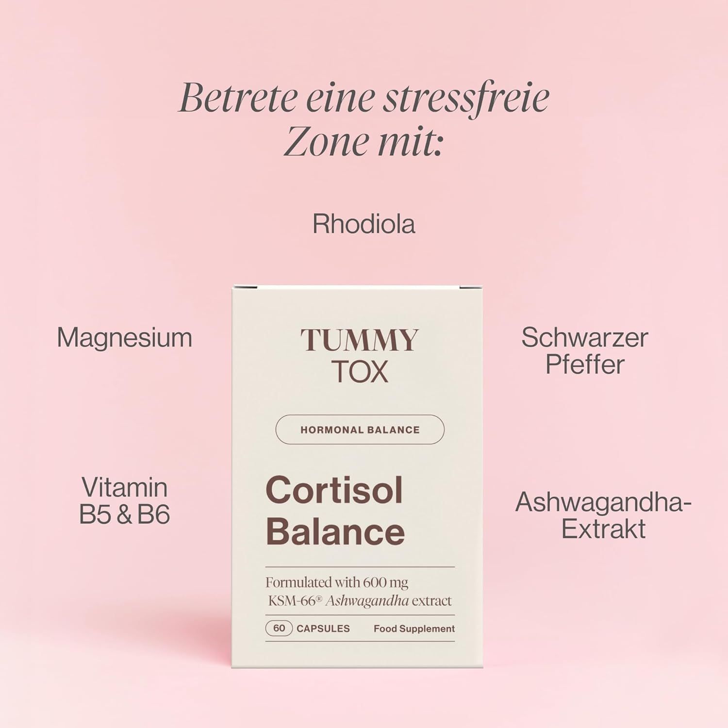 Confezione. Testo: TUMMY TOX, Equilibrio ormonale, Equilibrio del cortisolo. Ingredienti: Rodiola, Magnesio, Vitamina B5 e B6, Pepe nero, Estratto di Ashwagandha.