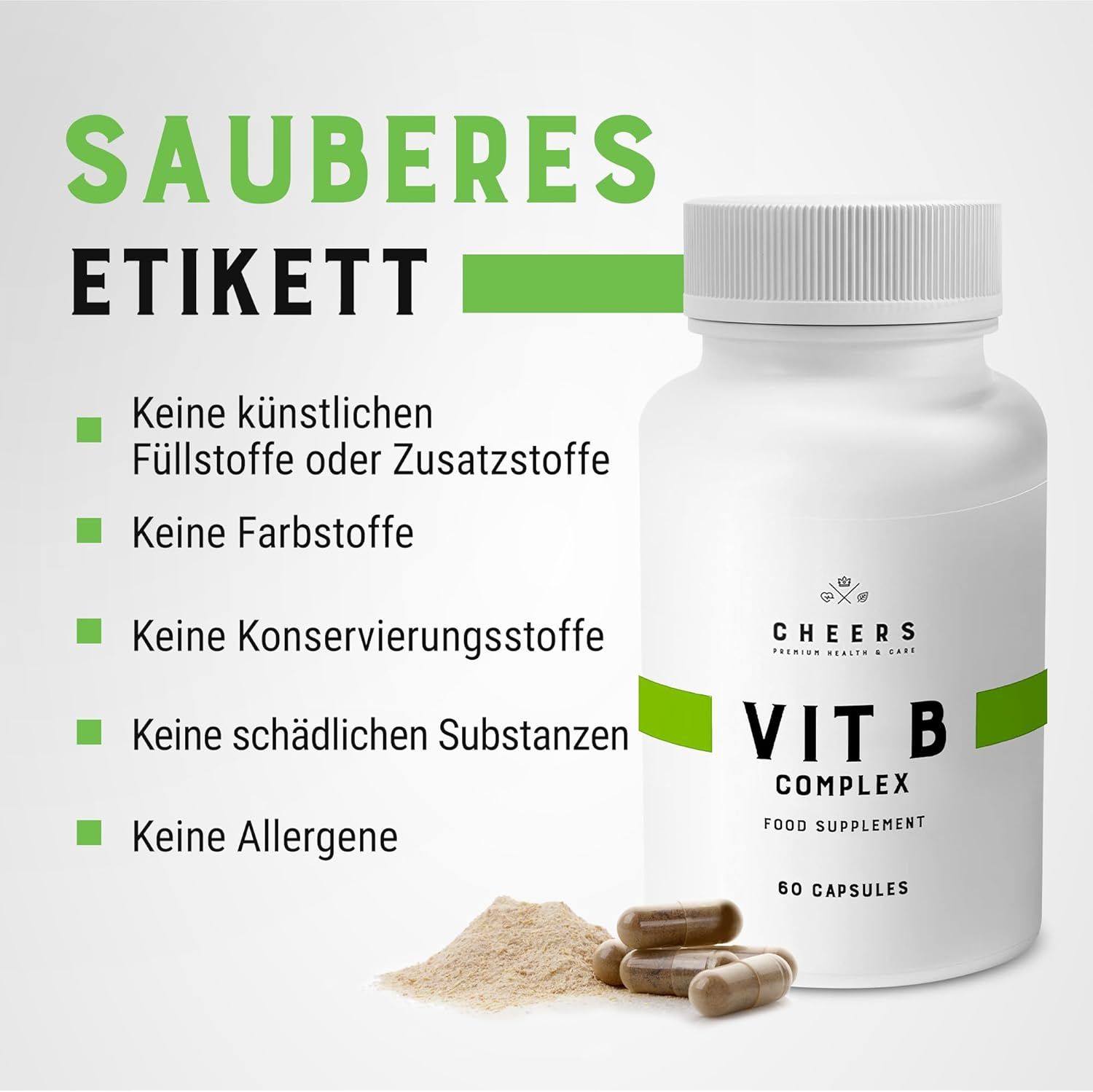 Flacone bianco Vitamina B Complex. 60 capsule. Testo: Senza additivi, coloranti, conservanti, sostanze nocive, allergeni.