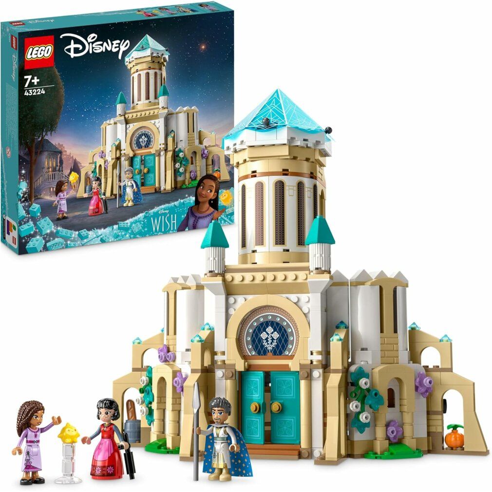 LEGO Disney Wish 43224 Castello. Set con personaggi e castello. Confezione sullo sfondo. Personaggi davanti al castello.