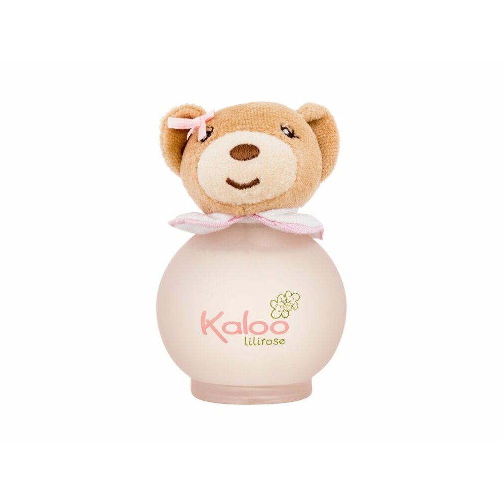 Flacone rosa con testa di orsetto. Scritta Kaloo Lilirose. Orsetto con fiocco.