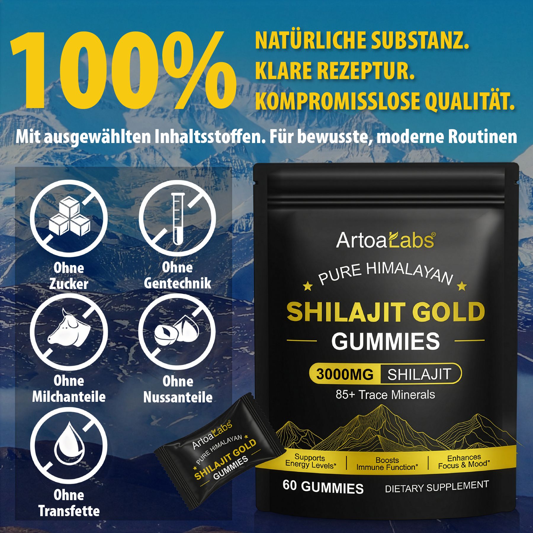 Confezione nera con informazioni sul prodotto. Testo: ArtoaLabs, Shilajit Gold Gummies, 3000mg Shilajit, 60 Gummies. Senza zucchero, OGM, ecc.