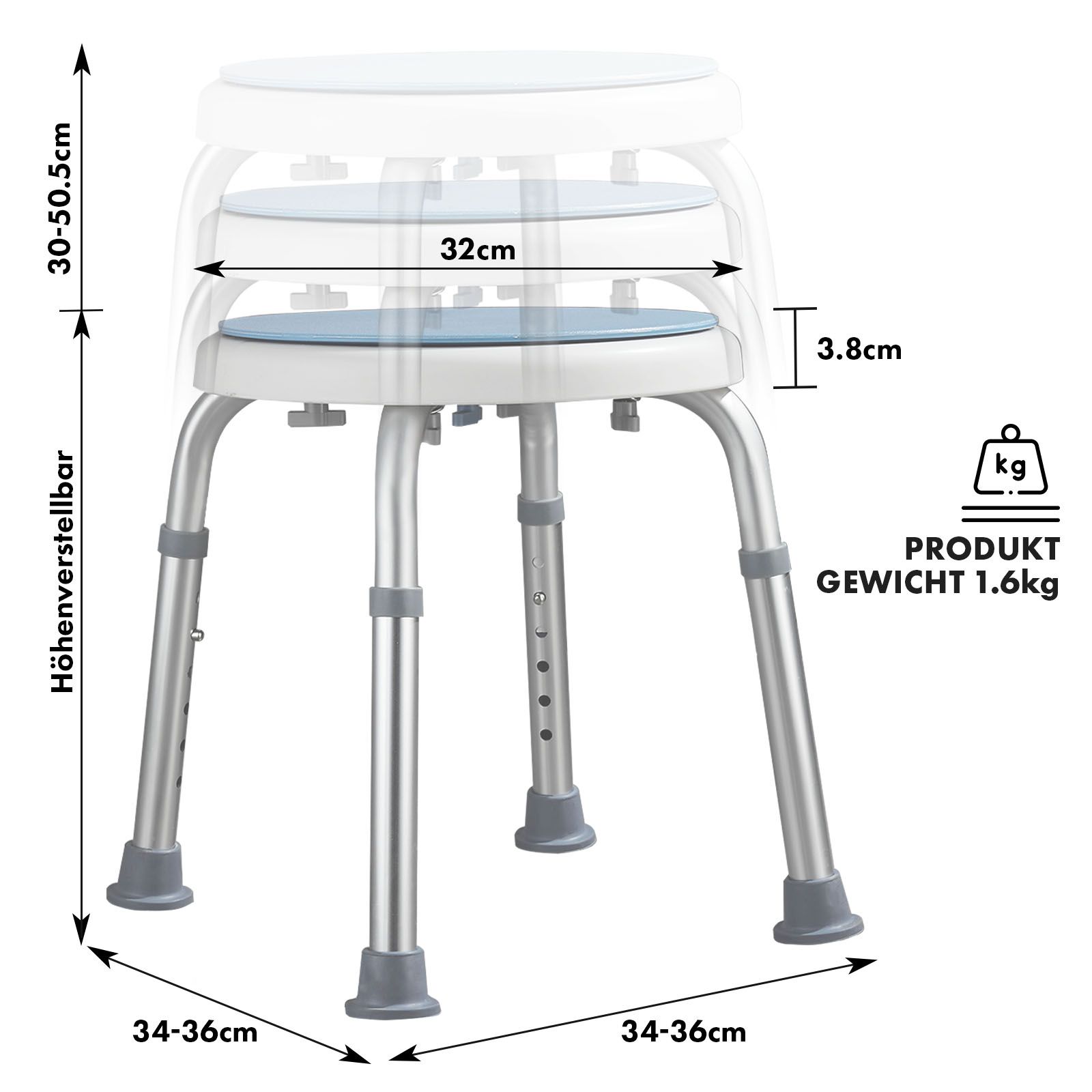 Sgabello doccia: diametro 32cm, altezza 30-50,5cm, larghezza 34-36cm. Peso 1,6kg.