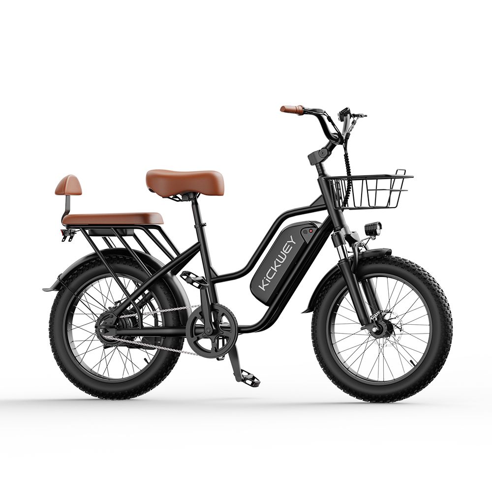 E-bike nero con sella marrone e cestino. Batteria con logo KICKWEY. Pneumatici larghi.
