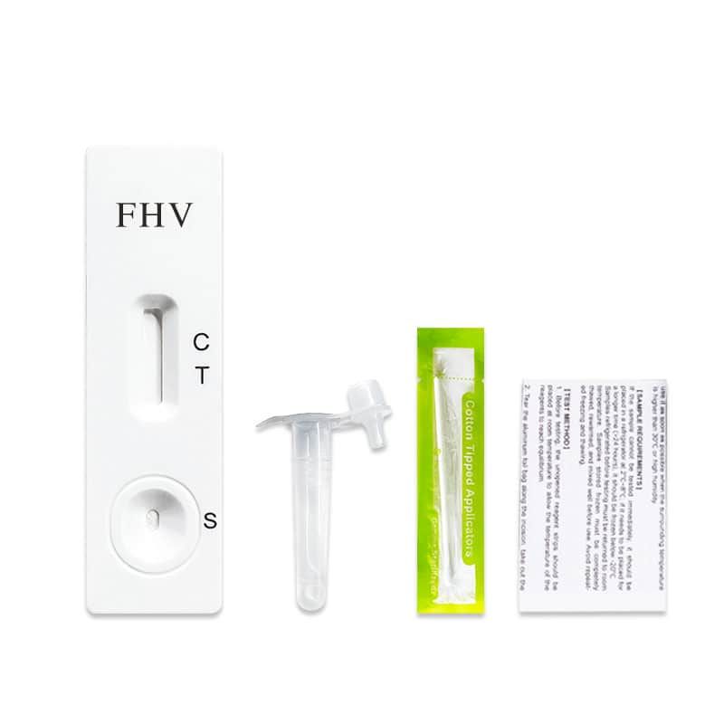 Kit test antigene virus herpes felino: cassetta di test, provetta, tampone e istruzioni.
