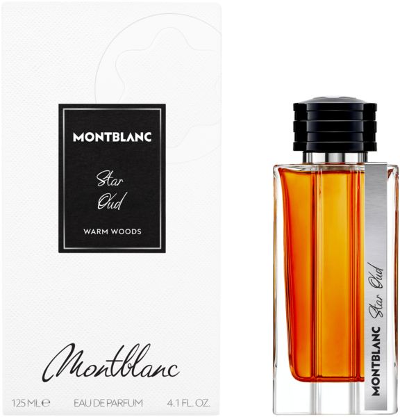 Flacone di profumo con tappo nero ed etichetta. L'etichetta riporta Montblanc Star Oud. Accanto, una scatola bianca con logo e nome del prodotto.