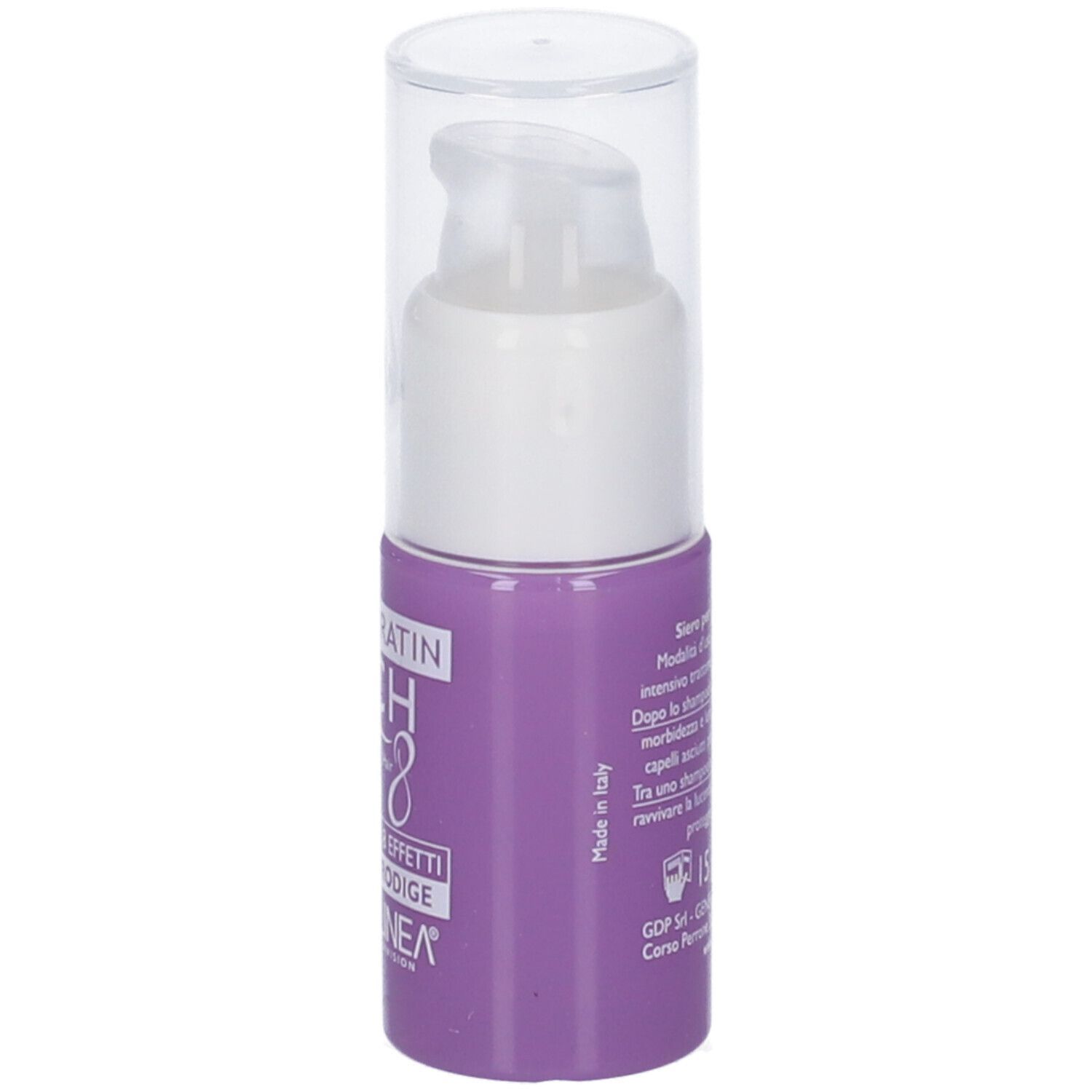 Flacone viola con erogatore bianco. Scritta: BIO KERATIN ACH8 Elixir Serum Prodige. Marchio: DIETALINEA. Prodotto in Italia.