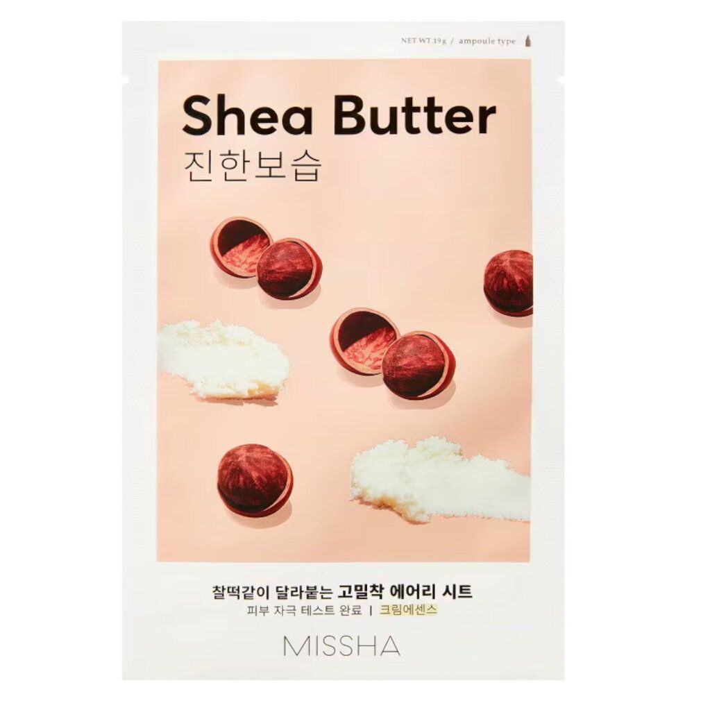 MISSHA Shea Butter maschera in tessuto con noci di karité e texture cremosa.