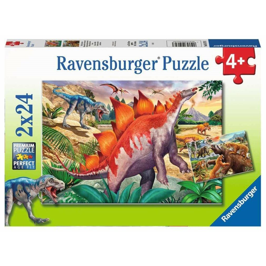 Scatola puzzle con motivo dinosauri. Scritta: Ravensburger Puzzle, 2x24 pezzi, 4+. Illustrazione: Stegosauro, Tirannosauro, paesaggio.