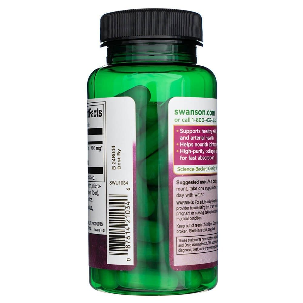 Flacone verde di peptidi di collagene marino SWANSON con capsule visibili e avvertenze.