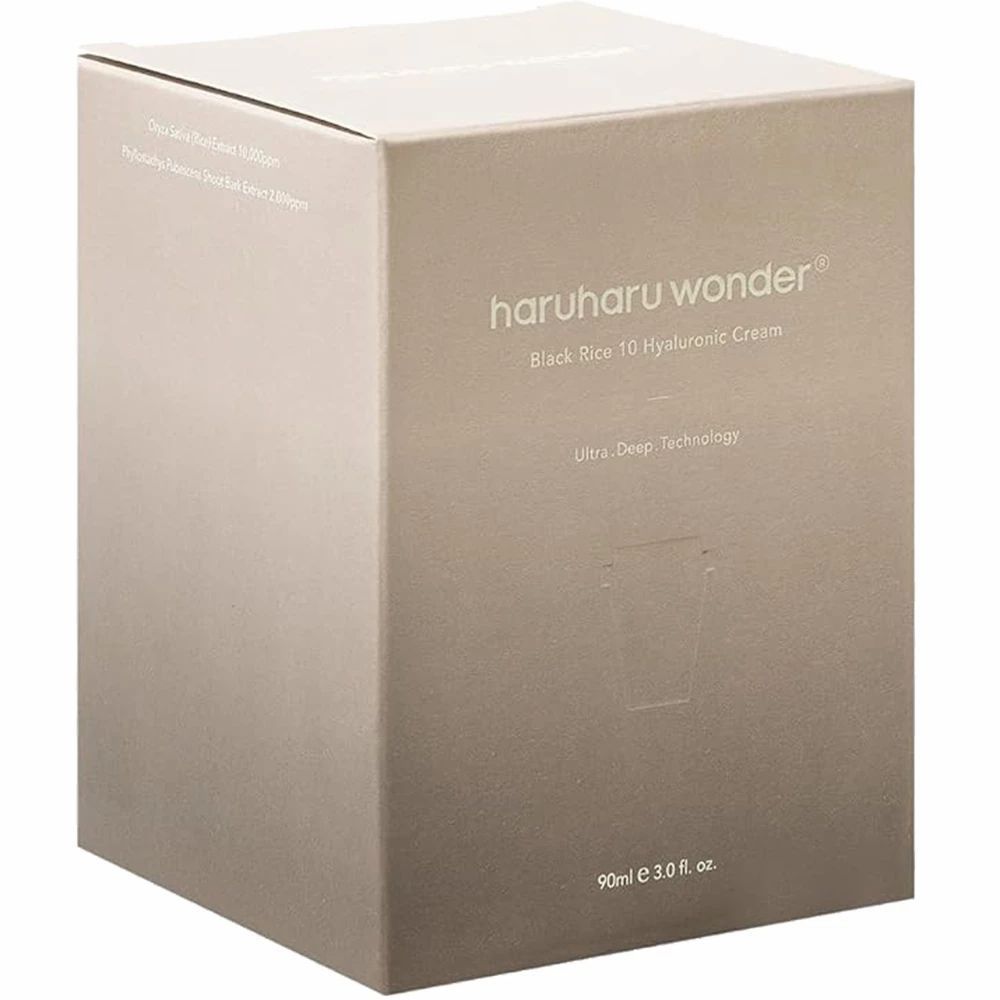 Confezione in cartone beige. Testo: haruharu wonder, Black Rice 10 Hyaluronic Cream. 90ml. 3.0 fl. oz.