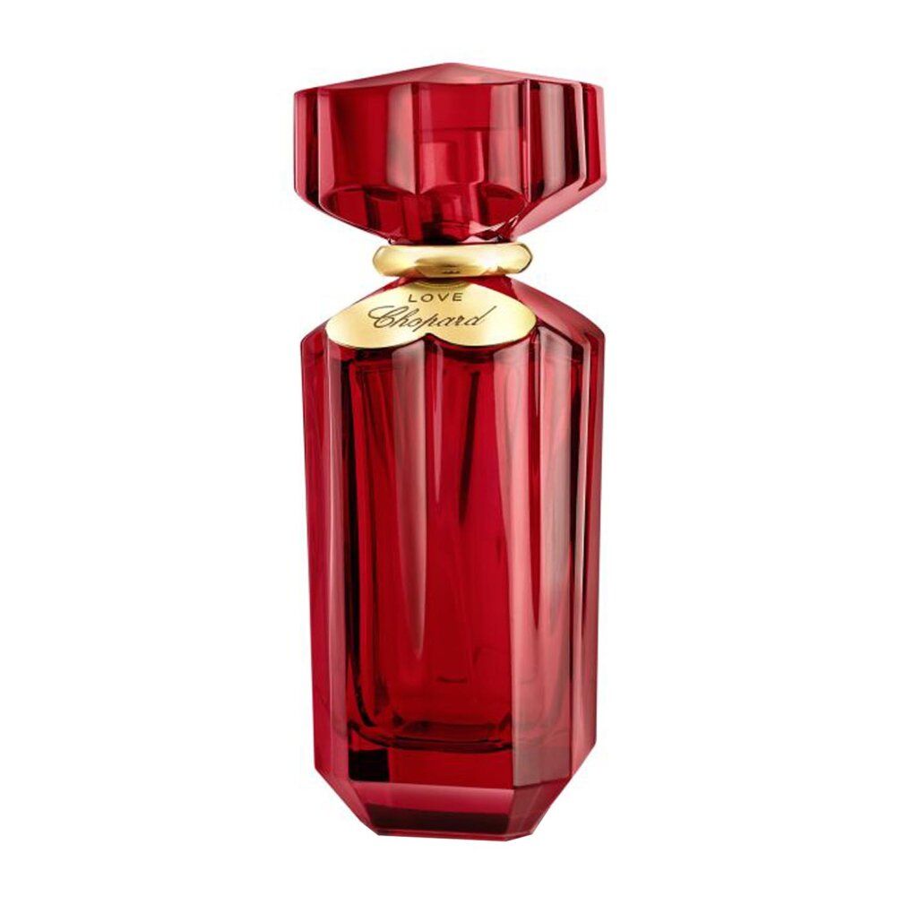 Flacone rosso con tappo dorato. Scritta: Love Chopard. Forma geometrica.