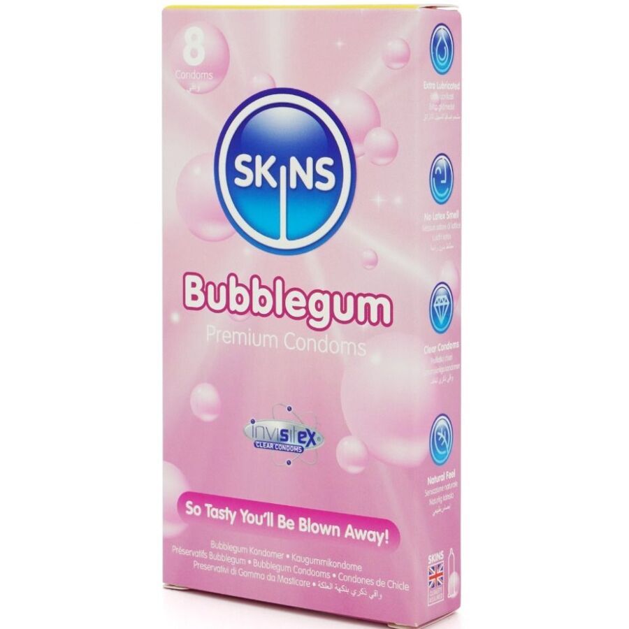 Scatola rosa con 8 preservativi. Scritto: Skins Bubblegum Premium Condoms. Ingredienti e certificazioni visibili.