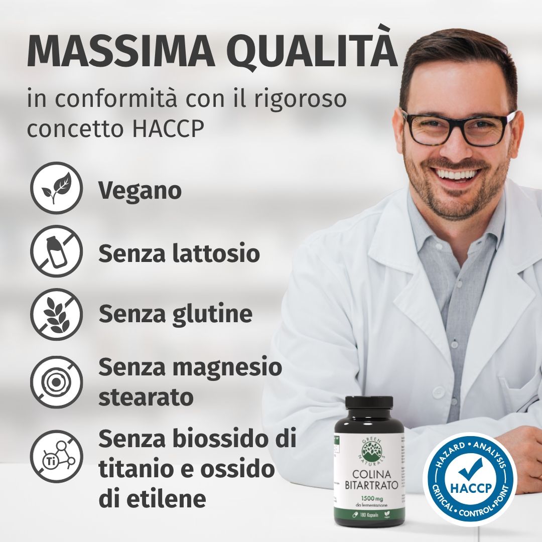 Uomo in camice da laboratorio sorride, accanto a una bottiglia di capsule e icone per vegano, senza lattosio, senza glutine.