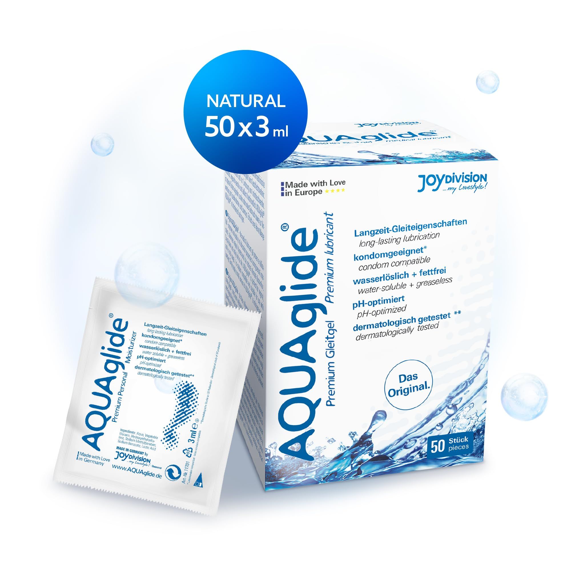 Confezione AQUAGLIDE gel lubrificante, 50 pezzi, con design acquatico.