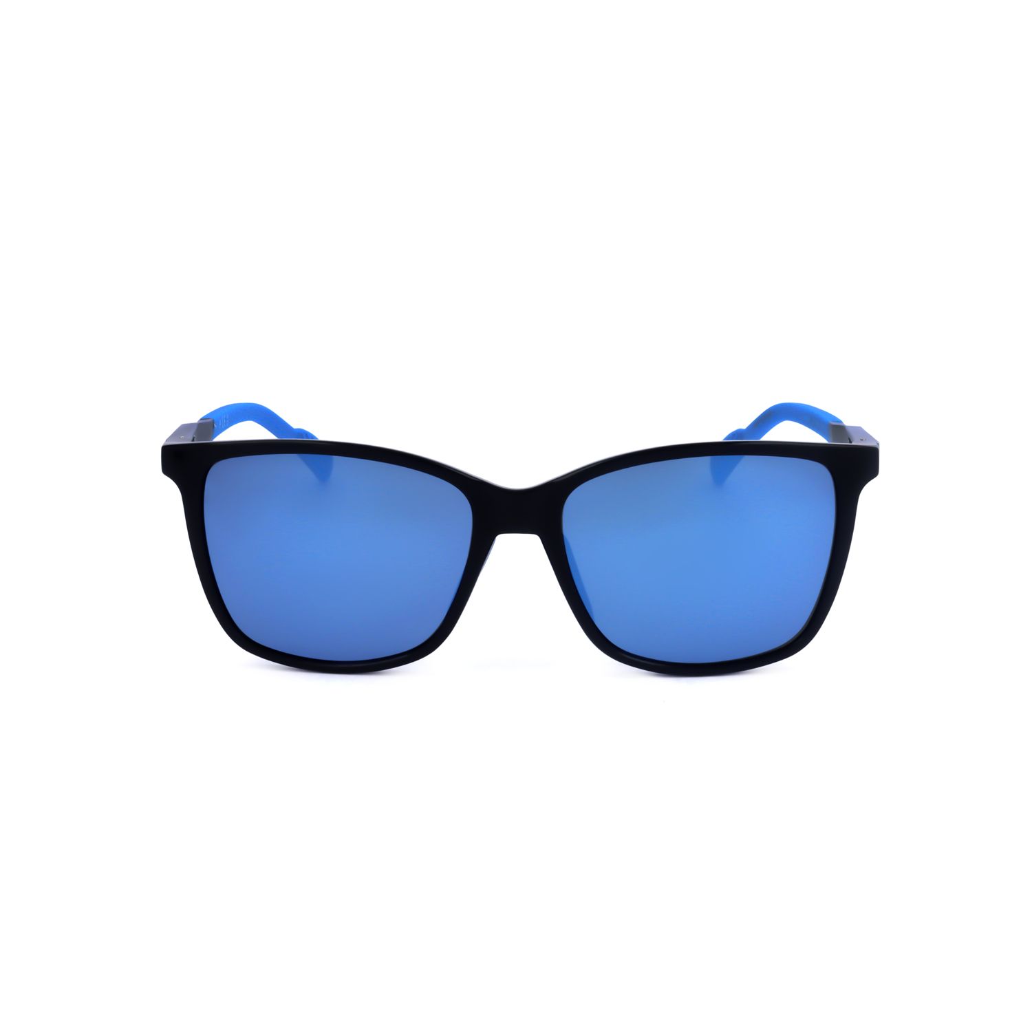 Occhiali da sole neri con lenti blu a specchio e aste blu.