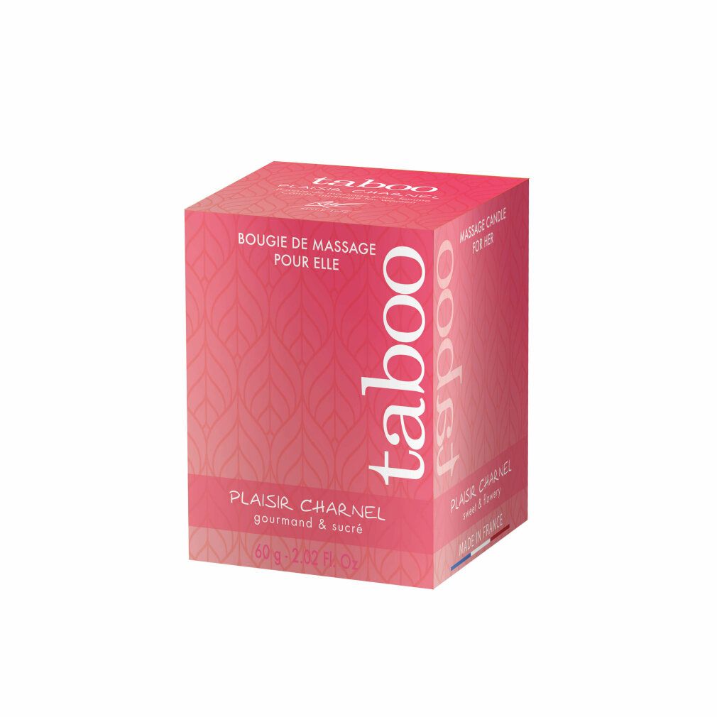 Confezione rossa con testo. Scritte: TABOO, Plaisir Charnel. Forma quadrata, motivo sulla superficie.