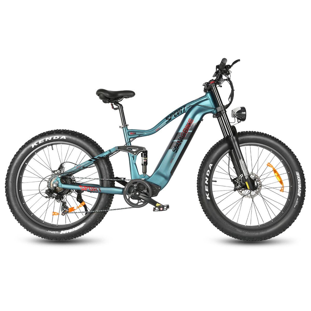 E-MTB blu-verde con pneumatici larghi. Sospensioni, faro, pneumatici Kenda, logo SAMEBIKE visibili.