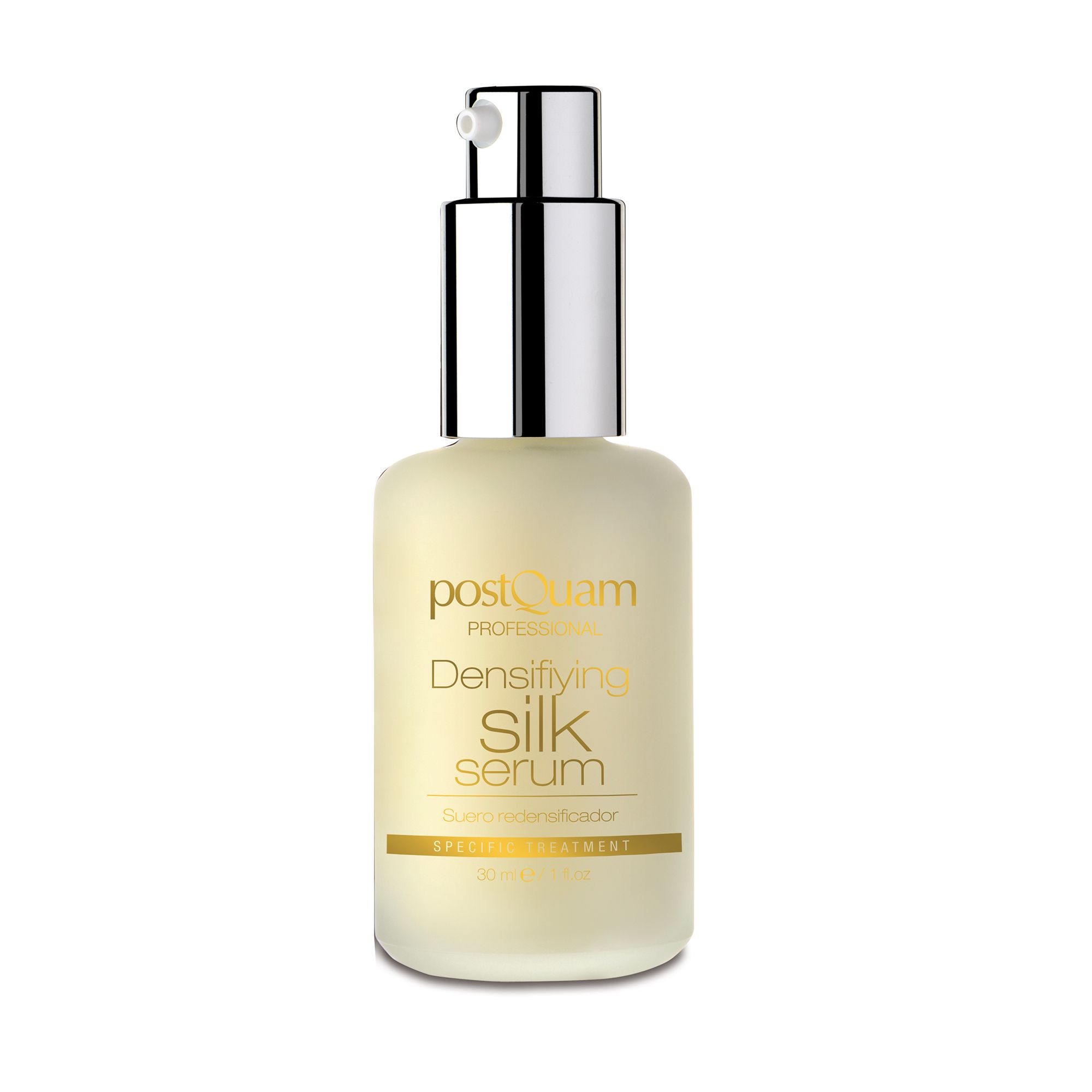 Flacone di siero beige con erogatore argentato. Scritte: Postquam, Densifying Silk Serum, Specific Treatment.