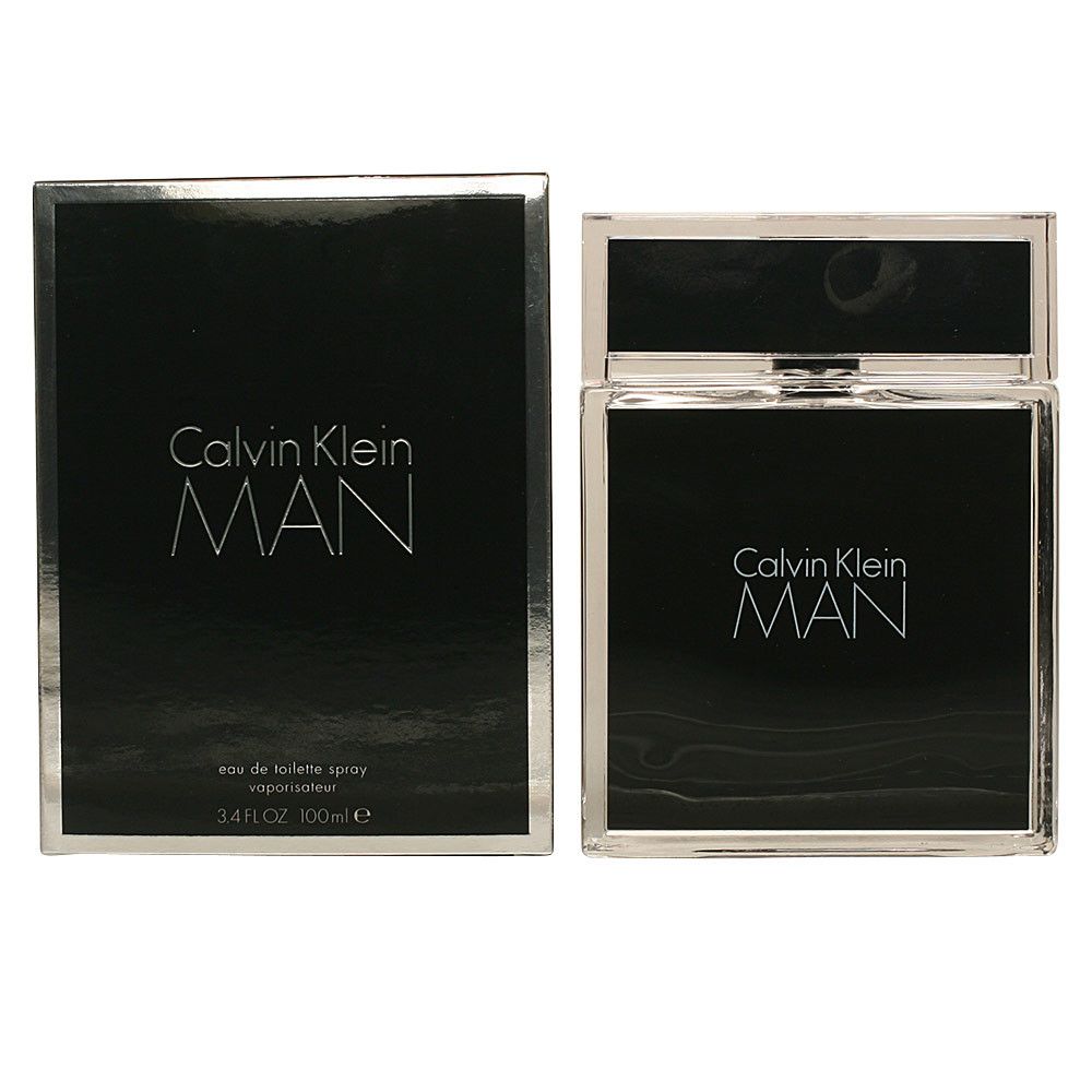 Flacone e confezione neri con bordi argentati. Scritta: Calvin Klein MAN.