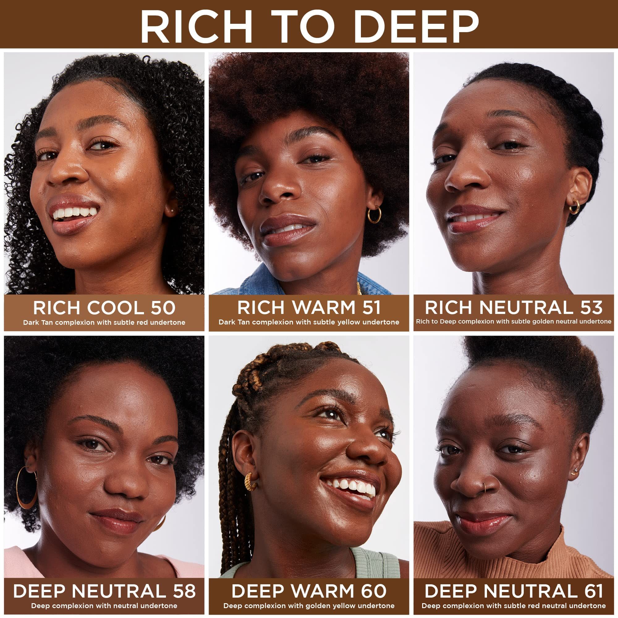 Sei volti con diverse tonalità di pelle. Testo: RICH COOL 50, RICH WARM 51, RICH NEUTRAL 53, DEEP NEUTRAL 58, DEEP WARM 60, DEEP NEUTRAL 61.