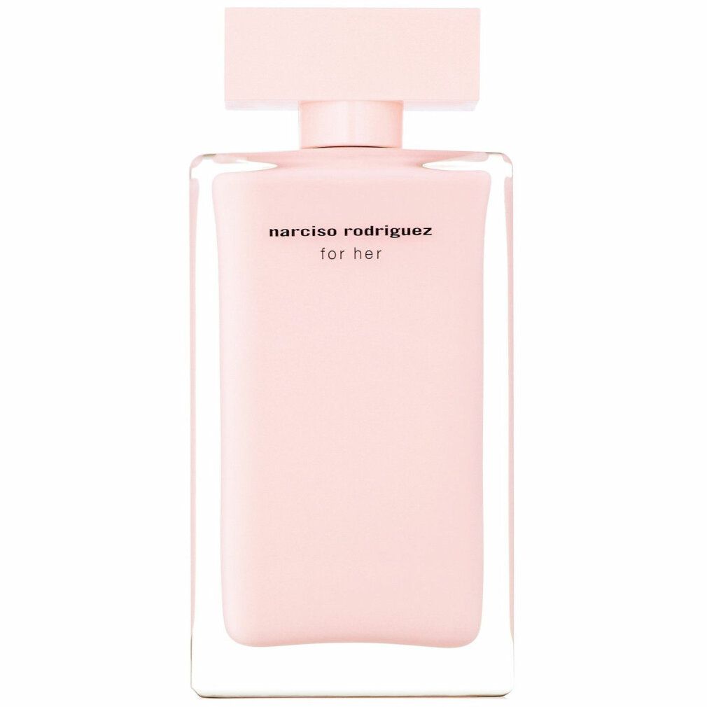 Flacone rosa rettangolare con tappo rosa. Scritta "narciso rodriguez for her".