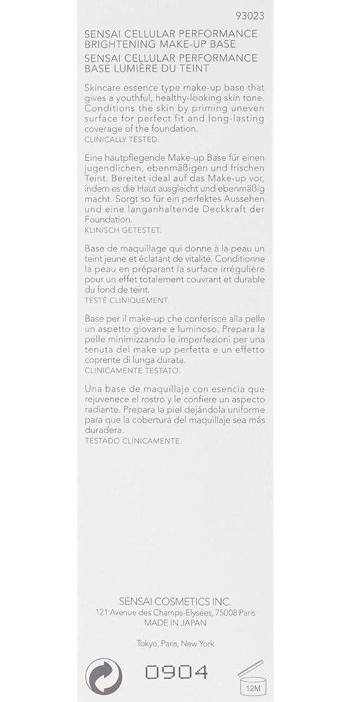 Confezione bianca con testo. Scritta: Sensai Cellular Performance Brightening Make-up Base. Testo in tedesco, francese, italiano, spagnolo.