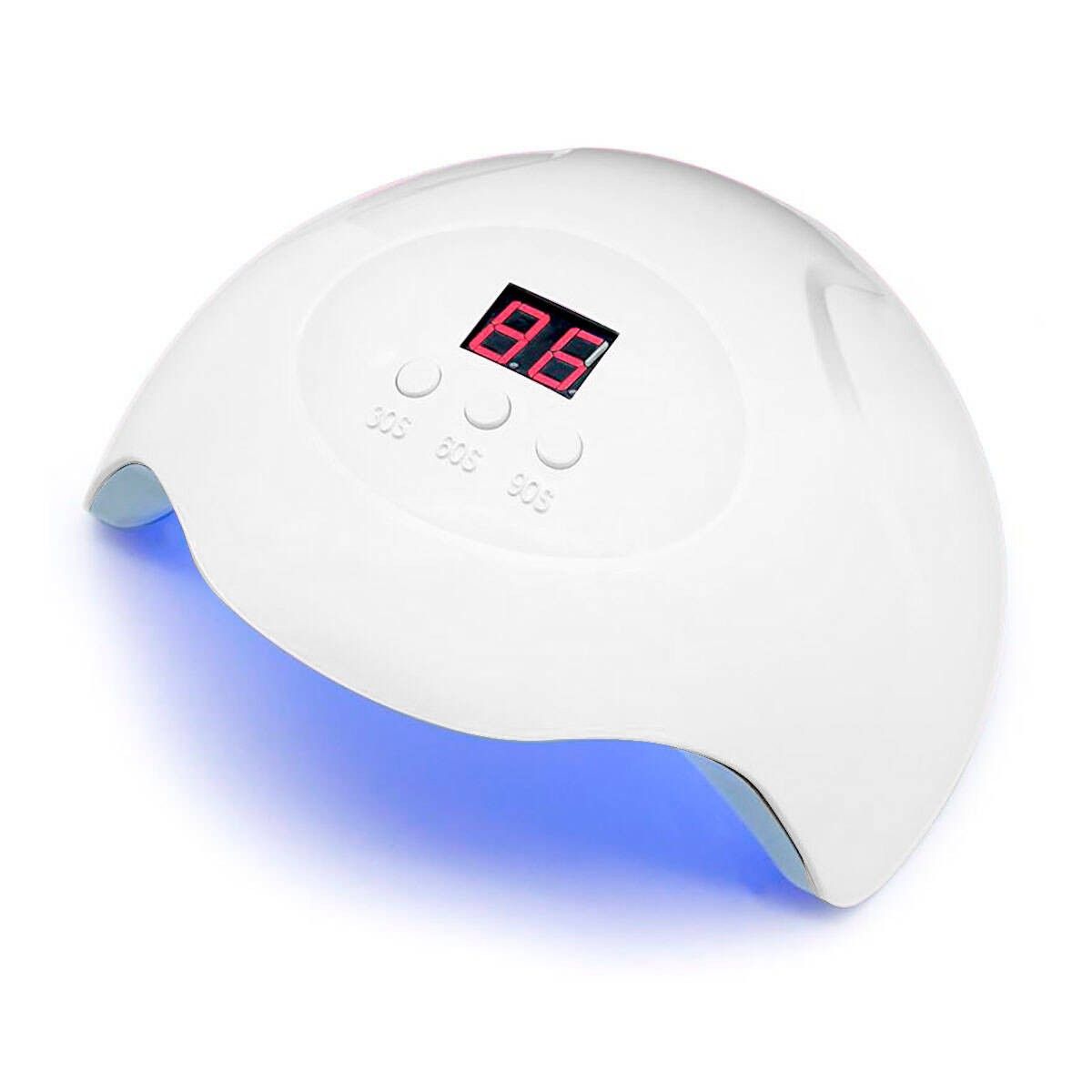 Lampada LED bianca con display digitale. Cifre rosse indicano il tempo. Illuminazione blu all'interno.